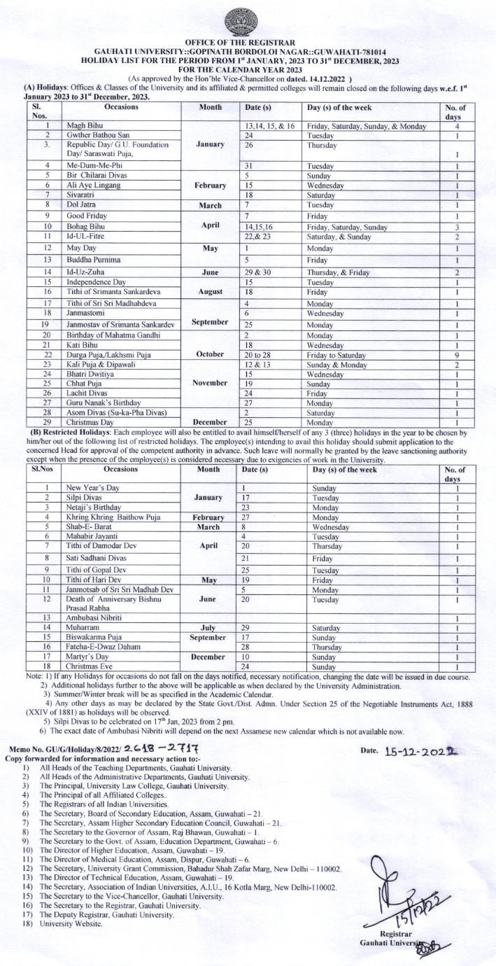 Holiday List for 2023 Katahguri College